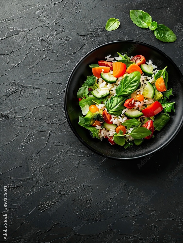 Fresh and vibrant salad with green leaves, tomatoes, and cucumbers served in a black bowl on a dark background. Fresh and vibrant salad with green leaves, tomatoes, and cucumbers served in a black bowl on a dark background.