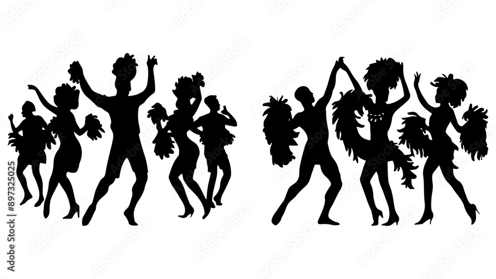 Obraz premium Brazilian carnival, silhouettes of people dancing in boas and feathers. Vector minimalistic monochrome drawing of national traditions and celebration