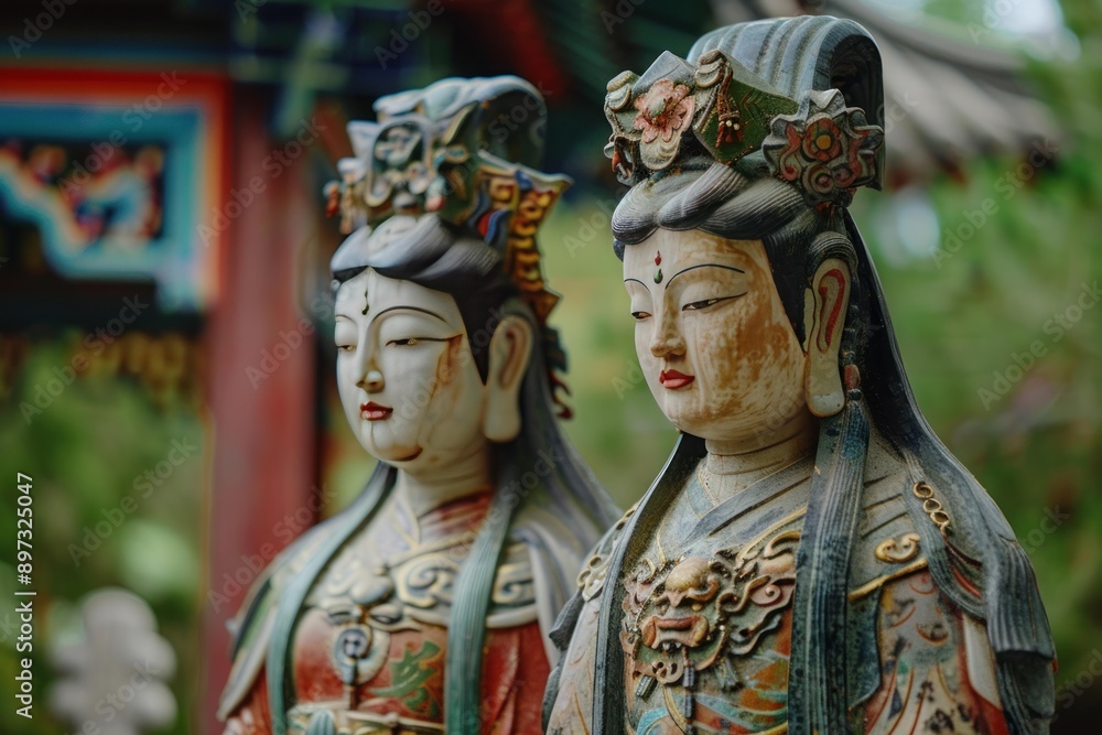 Fototapeta premium Two weathered and worn chinese deity statues stand guard outside a buddhist temple