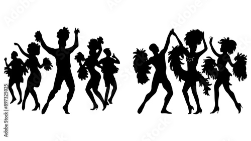 Brazilian carnival, silhouettes of people dancing in boas and feathers. Vector minimalistic monochrome drawing of national traditions and celebration