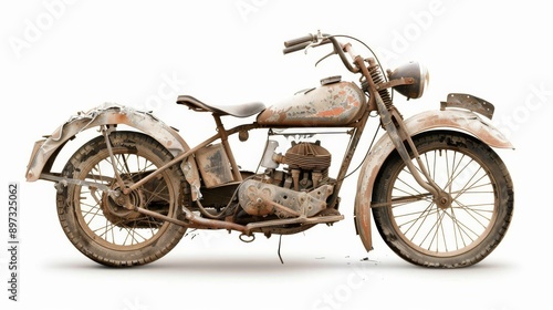 Vintage Motor Tricycle Wreck on Plain White Background