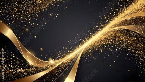 Luxury abstract gold technology geometric sience background with golden shining glowing glitter particles. photo