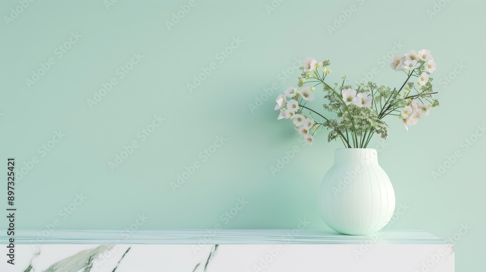 green pastel background, flower vase on a white marble showcase platform, professional photo, flat lighting green pastel background, flower vase on a white marble showcase platform, professional photo, flat lighting