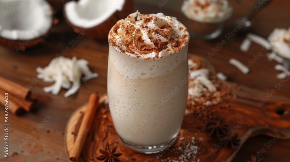 tropical coconut treats, indulge in a coconut milkshake topped with cinnamon, a tropical delight to whisk you away to paradise in every sip tropical coconut treats, indulge in a coconut milkshake topped with cinnamon, a tropical delight to whisk you away to paradise in every sip