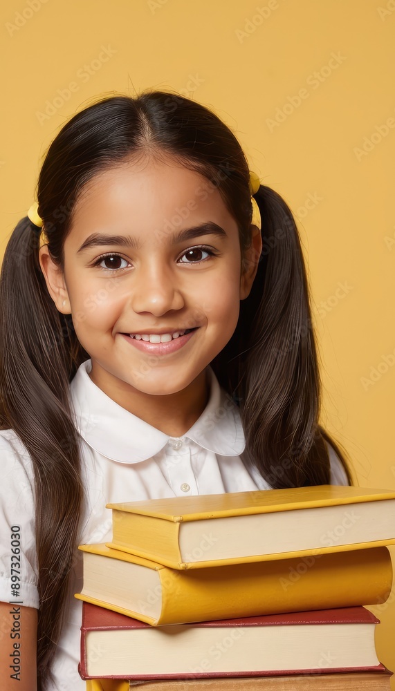 A cheerful hispanic or latino schoolgirl with a backpack and book, wearing a shirt, smiles brightly in front of a yellow backdrop, symbolizing enthusiasm for education