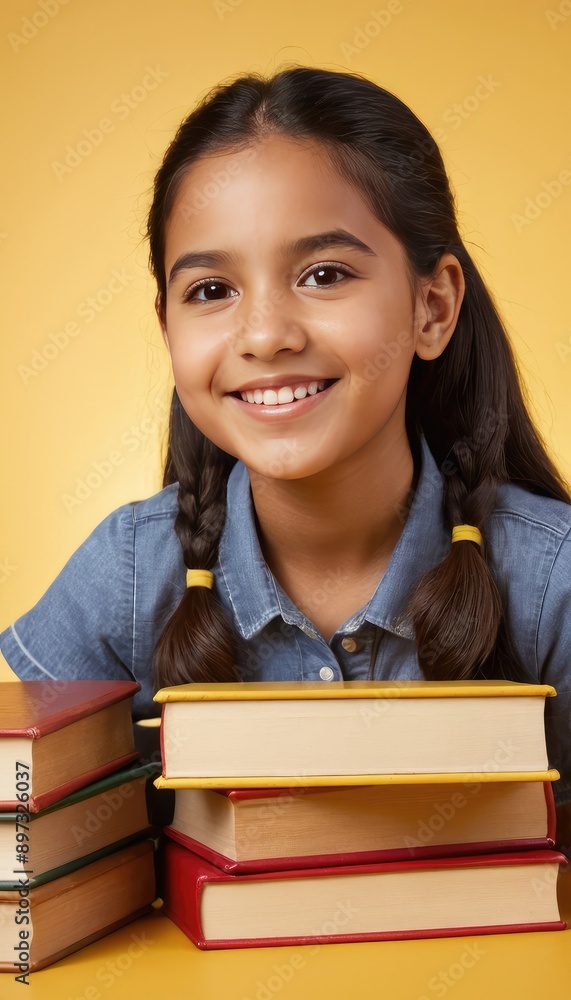 A smiling young hispanic or latino schoolgirl in a shirt and backpack holds a book, standing against a yellow background, capturing the joy and excitement of learning. A smiling young hispanic or latino schoolgirl in a shirt and backpack holds a book, standing against a yellow background, capturing the joy and excitement of learning.