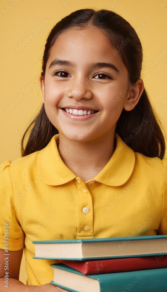 A cheerful hispanic or latino schoolgirl with a backpack and book, wearing a shirt, smiles brightly in front of a yellow backdrop, symbolizing enthusiasm for education A cheerful hispanic or latino schoolgirl with a backpack and book, wearing a shirt, smiles brightly in front of a yellow backdrop, symbolizing enthusiasm for education
