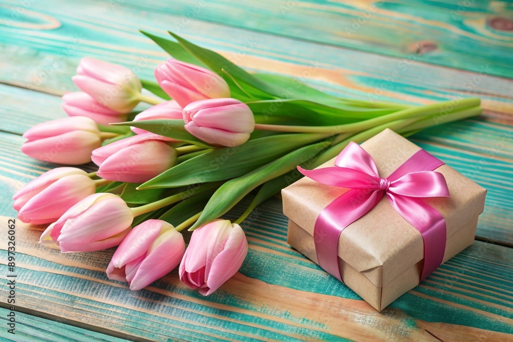Light pink tulips flowers and a gift Light pink tulips flowers and a gift