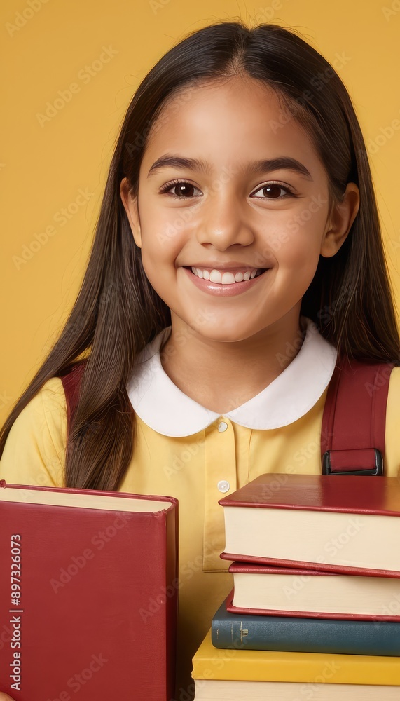 A cheerful hispanic or latino schoolgirl with a backpack and book, wearing a shirt, smiles brightly in front of a yellow backdrop, symbolizing enthusiasm for education A cheerful hispanic or latino schoolgirl with a backpack and book, wearing a shirt, smiles brightly in front of a yellow backdrop, symbolizing enthusiasm for education