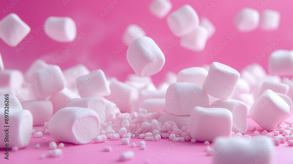 A bunch of marshmallows are scattered on a pink background A bunch of marshmallows are scattered on a pink background
