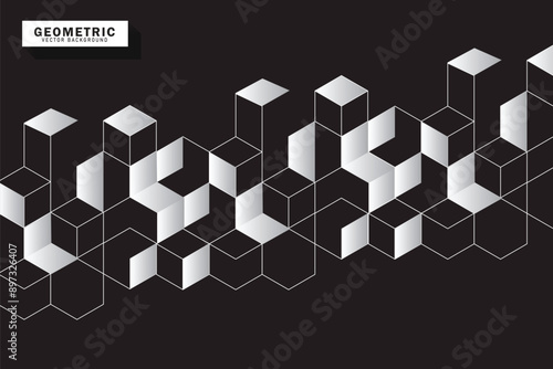 Abstract cubes geometric tile and mosaic wall or grid hexagon technology wallpaper. black and grey geometric block cube structure backdrop grid triangle texture vintage design