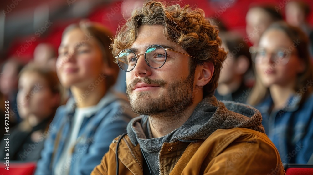 An audience of people seated in rows, their faces blurred, attentively watching an indoor event, indicating focus, engagement, and collective experience. An audience of people seated in rows, their faces blurred, attentively watching an indoor event, indicating focus, engagement, and collective experience.