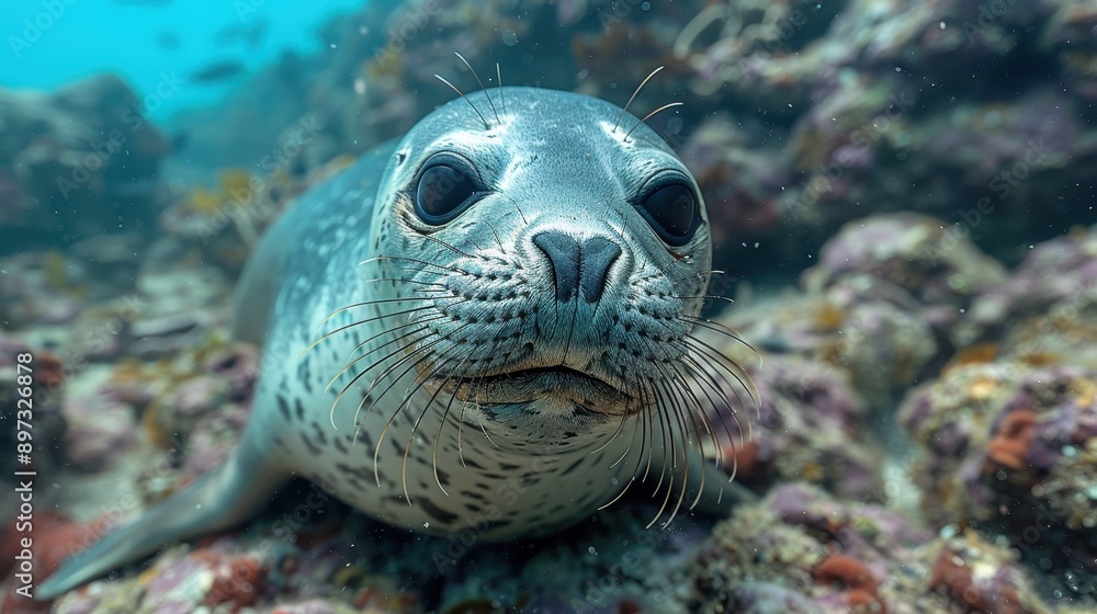 A curious seal looking directly into the camera while resting on a rocky seabed, capturing the essence of underwater exploration and the natural habitat of this charming marine mammal. A curious seal looking directly into the camera while resting on a rocky seabed, capturing the essence of underwater exploration and the natural habitat of this charming marine mammal.