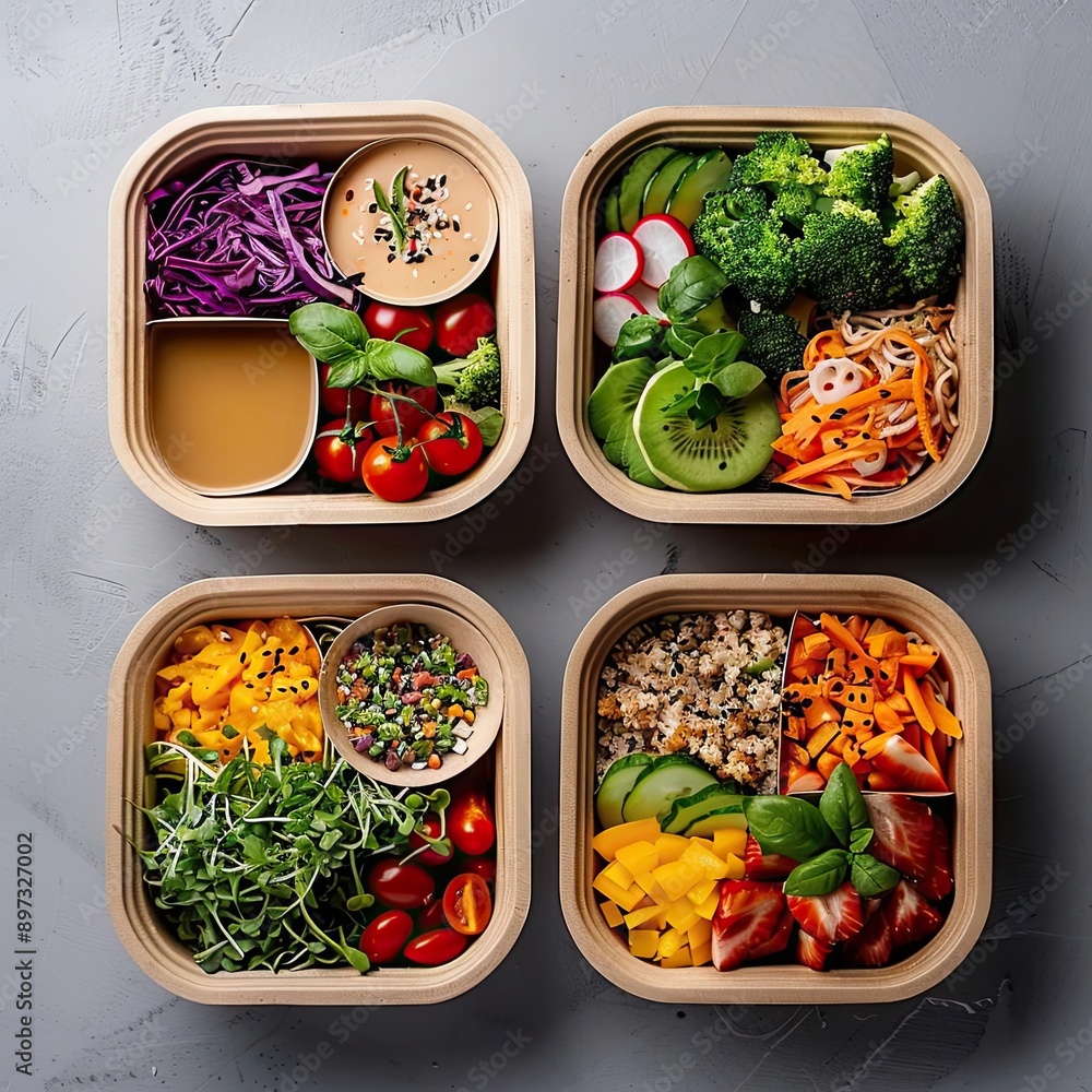 Colorful salad bowls filled with fresh vegetables, grains, and a tasty dressing, perfect for healthy meal inspiration. Colorful salad bowls filled with fresh vegetables, grains, and a tasty dressing, perfect for healthy meal inspiration.