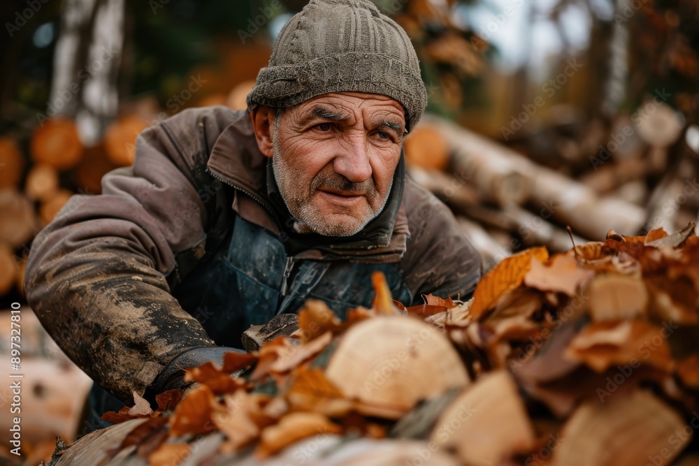 A seasoned woodworker arranges logs in an autumn landscape, wearing a knit cap and padded jacket. He displays a reflective expression, surrounded by colorful leaves. A seasoned woodworker arranges logs in an autumn landscape, wearing a knit cap and padded jacket. He displays a reflective expression, surrounded by colorful leaves.