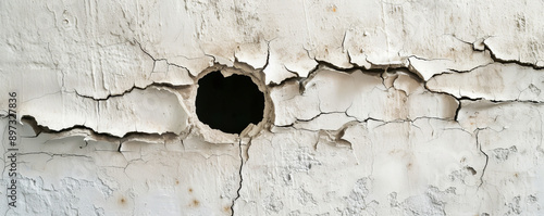 Cracked wall with hole, close-up texture