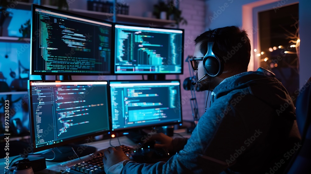 A developer is deeply focused on reviewing and optimizing complex code with detailed performance metrics and advanced analysis tools displayed across multiple monitors in a high tech workspace