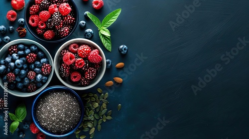 Delicious assortment of fresh berries, chia seeds, and nuts in bowls, perfect for healthy snacks and vibrant meals.