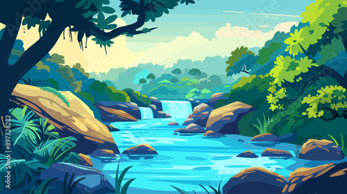 A small river flows between the hills with trees vector cartoon illustration anime background