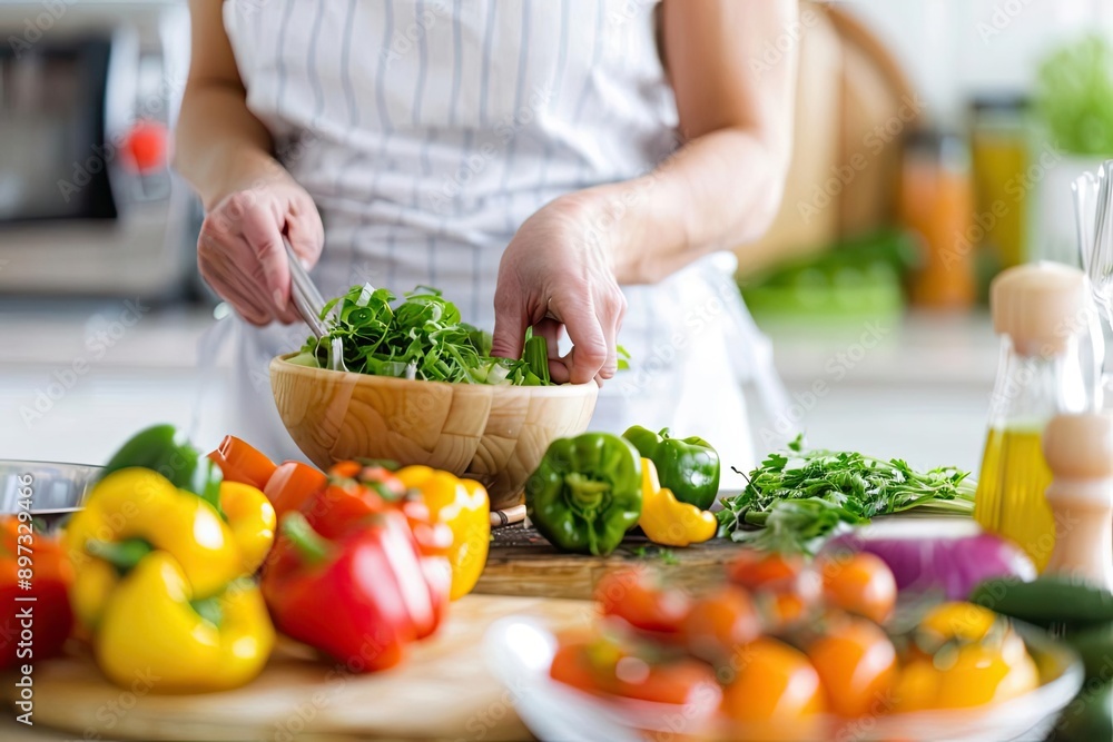 A person preparing fresh vegetables in a modern kitchen, showcasing vibrant colors and healthy cooking habits. A person preparing fresh vegetables in a modern kitchen, showcasing vibrant colors and healthy cooking habits.