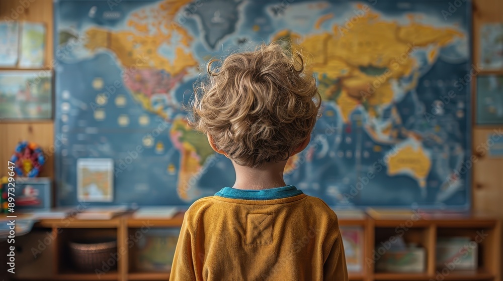 A young child with curly hair is seen from behind, viewing a large world map in a classroom setting, indicating a learning or educational experience. A young child with curly hair is seen from behind, viewing a large world map in a classroom setting, indicating a learning or educational experience.