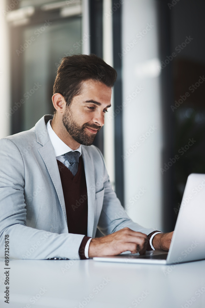 Corporate man, smile and laptop in office for productivity, research and achievement of project goals. Business employee, happy and tech in workplace for positive email, investment and revenue report Corporate man, smile and laptop in office for productivity, research and achievement of project goals. Business employee, happy and tech in workplace for positive email, investment and revenue report