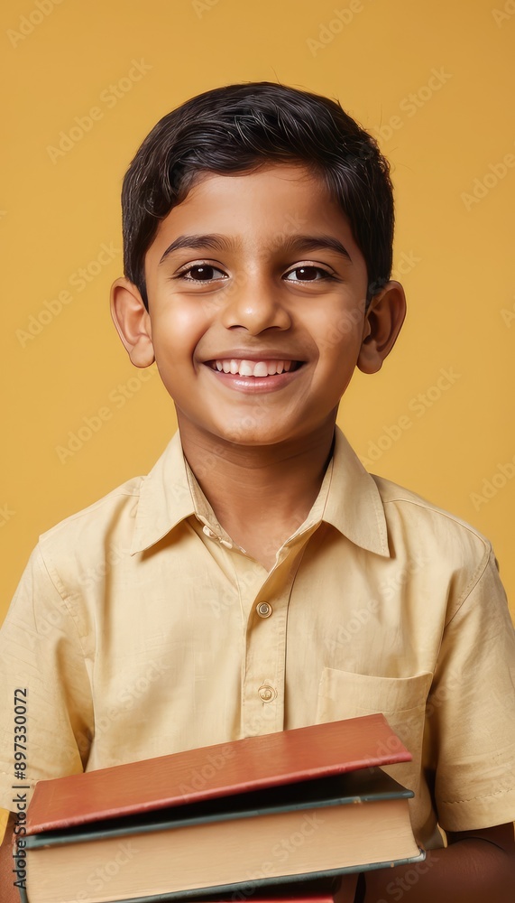 Obraz premium A smiling young indian schoolboy in a shirt and backpack holds a book, standing against a yellow background, capturing the joy and excitement of learning.