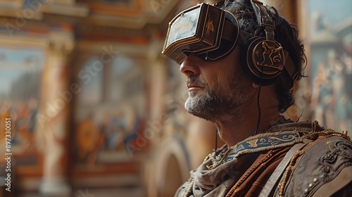 A man wearing a VR headset and headphones stands in a virtual historical setting, likely participating in a reenactment of a historical event. photo