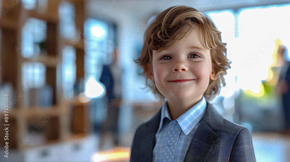A image of a young child wearing a business suit confidently smiling in a dynamic frontal view The background features a modern office environment with blurred figures A image of a young child wearing a business suit confidently smiling in a dynamic frontal view The background features a modern office environment with blurred figures