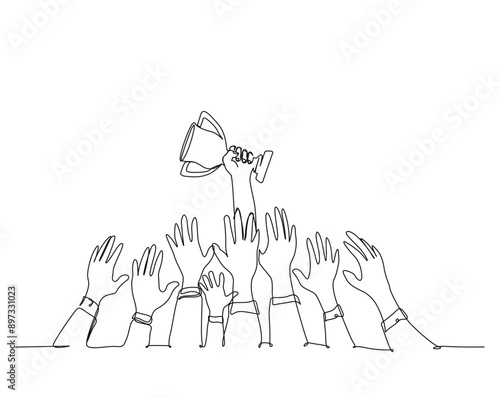 One continuous line drawing hands fighting over trophy. Metaphor of fighting for big win simple outline vector illustration. Butterfly metamorphosis