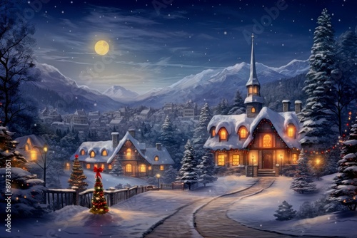 Winter village under moonlight, snowy landscape with warm lights © lattesmile