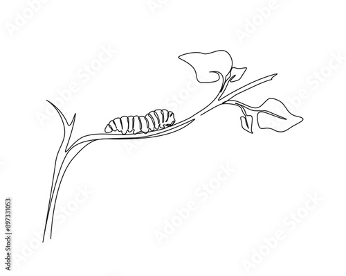 One continuous line drawing Caterpillar on the branch. Caterpillar simple outline vector illustration.