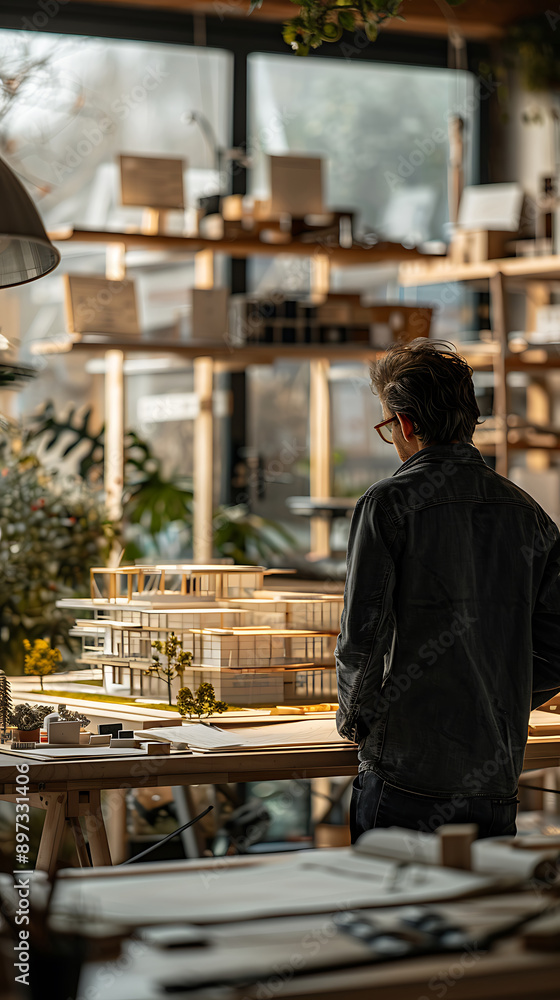 An architect's workspace with a focus on a meticulously crafted building model and sketch An architect's workspace with a focus on a meticulously crafted building model and sketch