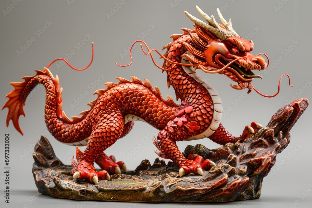 Fototapeta premium Red chinese dragon statue standing on a rock, a mythical creature in chinese culture