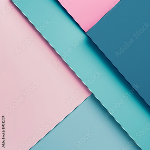 Abstract geometric composition with overlapping pastel-colored shapes in blue, pink, and teal tones, ideal for backgrounds and design concepts.