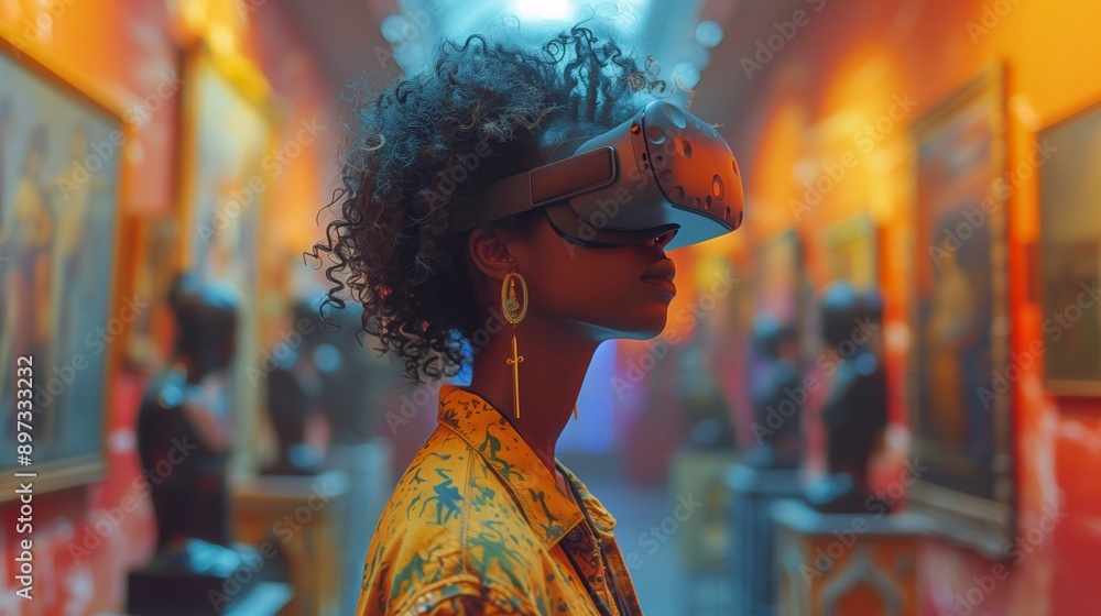 Obraz premium A woman wearing a virtual reality headset explores a virtual art gallery, standing in a dimly lit room.