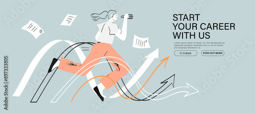 Woman run and look in binocular searching job or inspiration follow arrow direction. Career or personal growth or choice. Educational process web banner, landing page or poster for startup or courses.