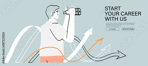 Man stand and look in binocular searching job or inspiration follow arrow direction. Career or personal growth or choice. Educational process web banner, landing page or poster for startup or courses.