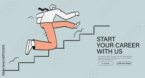 Overcome obstacle, effort or adversity for business or career growth, difficulty, challenge to win competition, skill or leadership. Businessman jumping or running to climb up stairs of success.