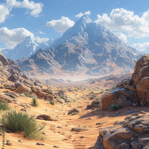 Digital Desert Dreams: A Computer-Generated Scene with Majestic Mountains in the Background