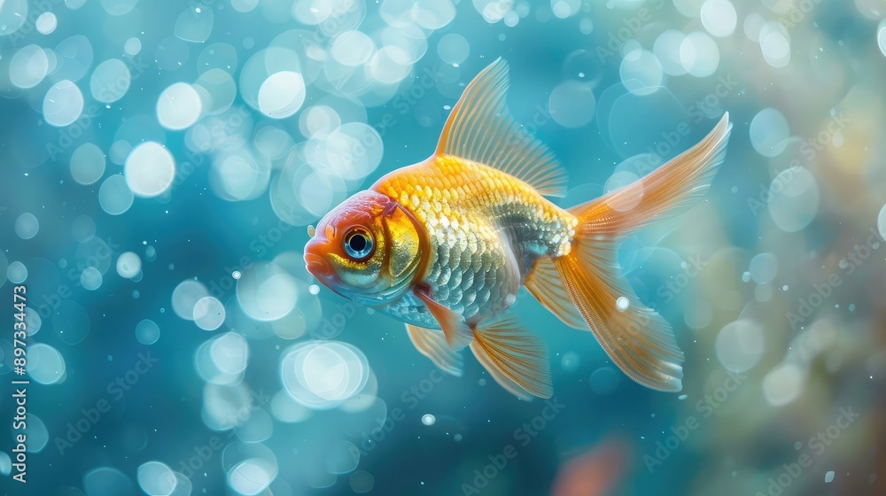 A close-up of a goldfish swimming near the surface of a clear aquarium. A close-up of a goldfish swimming near the surface of a clear aquarium.