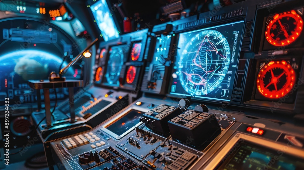 A close-up of a planetarium's control panel and high-tech equipment. A close-up of a planetarium's control panel and high-tech equipment.