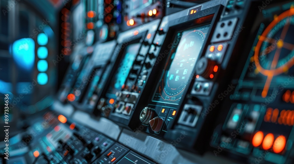 A close-up of a planetarium's control panel and high-tech equipment. A close-up of a planetarium's control panel and high-tech equipment.