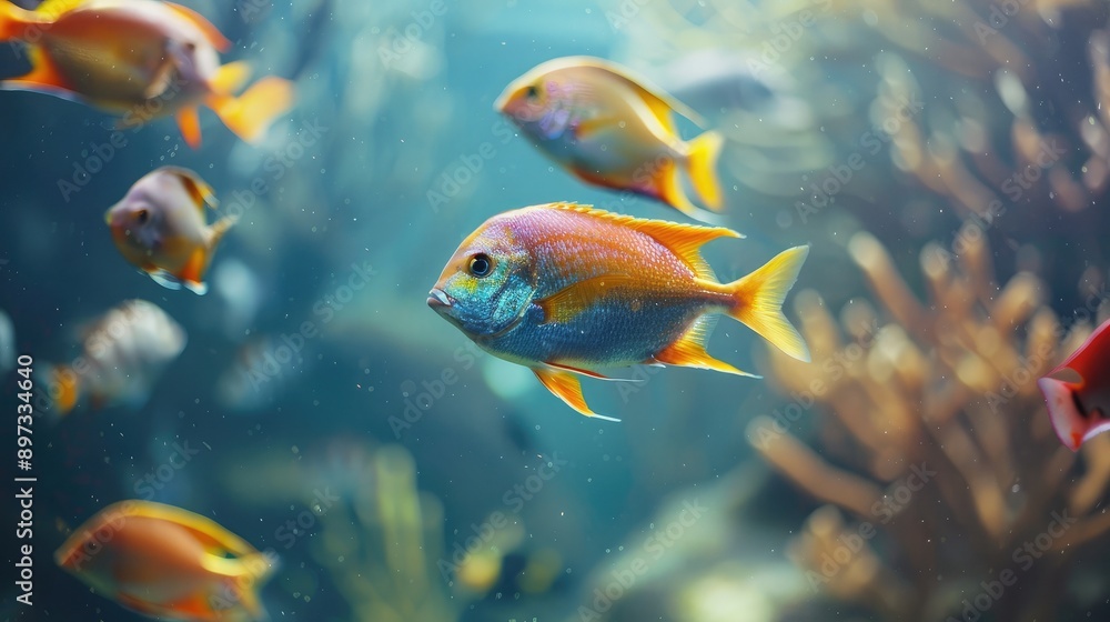 A close-up of a school of fish swimming in a beautifully maintained aquarium. A close-up of a school of fish swimming in a beautifully maintained aquarium.