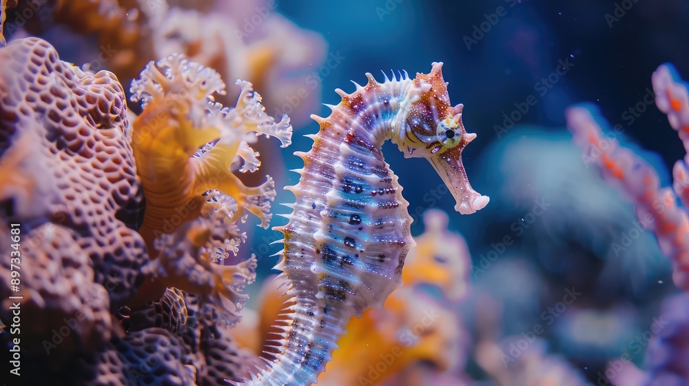 A close-up of a seahorse clinging to coral in a marine aquarium. A close-up of a seahorse clinging to coral in a marine aquarium.