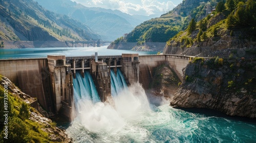 A dam releasing water, illustrating the power of hydroelectric energy.