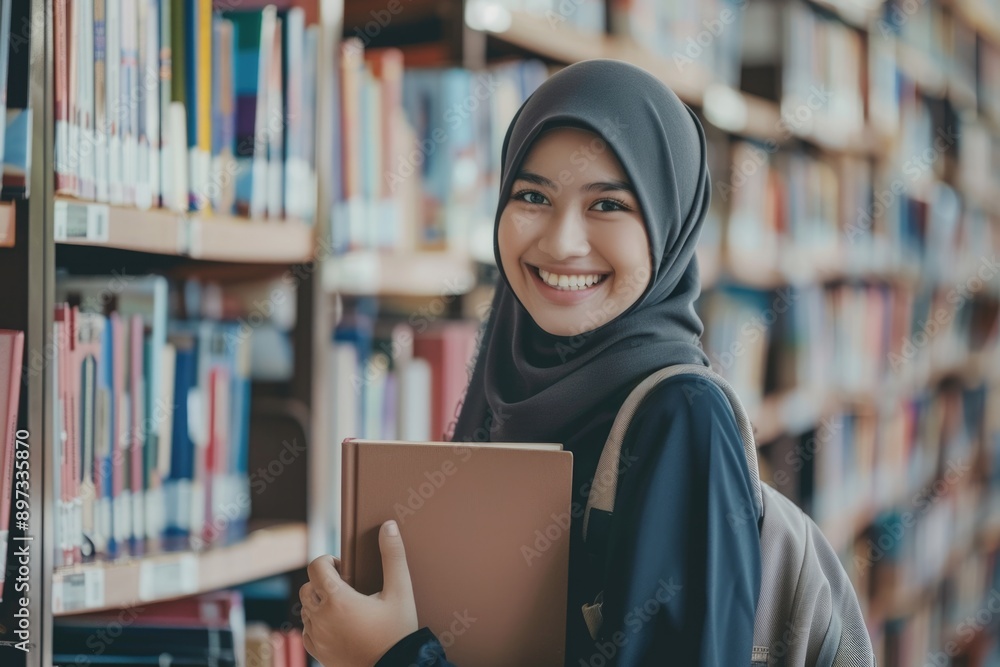 A woman wearing a hijab sits at a table in a quiet library, focused on her book A woman wearing a hijab sits at a table in a quiet library, focused on her book