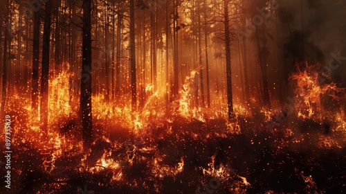 A forest fire, demonstrating the destructive power of natural forces.