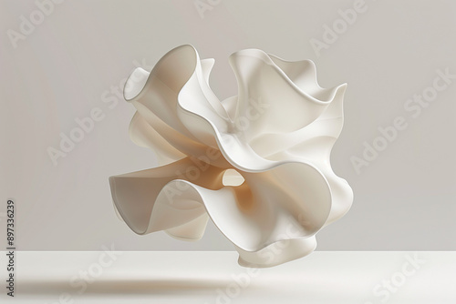 Minimalist Beige 3D Sculpture with Soft Edges and Organic Curves, Flowy fabric, Creamy floating silk, Abstract warm color shape