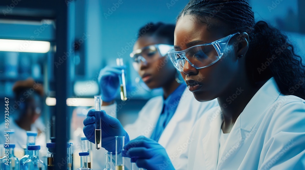 Diverse team of scientists working together on medical vials in a modern pharmaceutical laboratory. Collaboration, modern technology and a clean, professional environment. Diverse team of scientists working together on medical vials in a modern pharmaceutical laboratory. Collaboration, modern technology and a clean, professional environment.